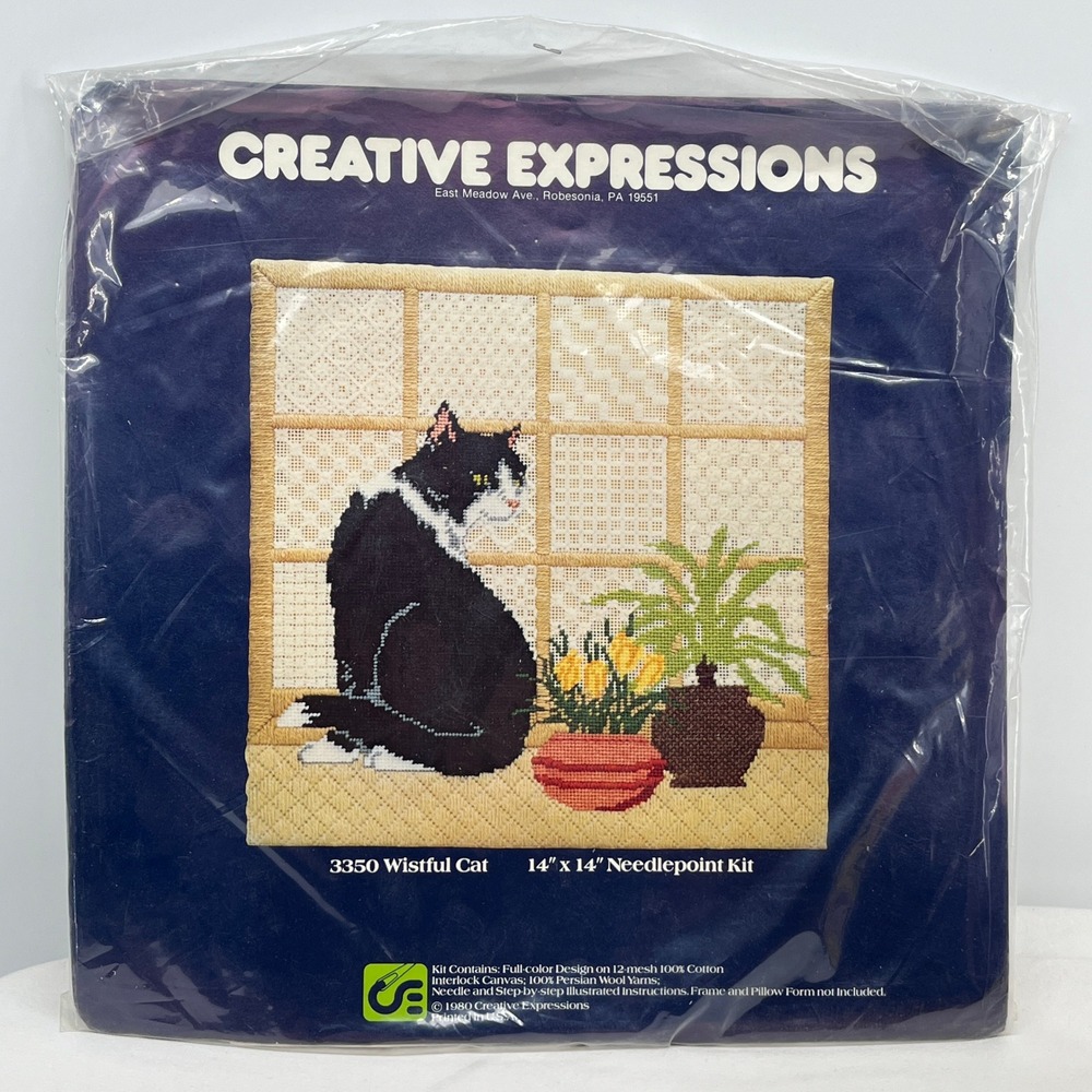 Vintage Creative Expressions Wistful Cat Needlepoint Kit 3350 Tuxedo Cat 14x14